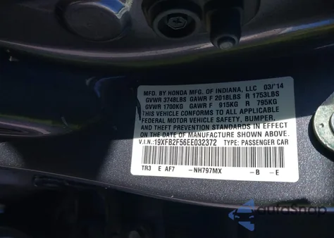 2014 Honda Civic Lx z USA, uszkodzony, nr VIN 19XFB2F56EE032372